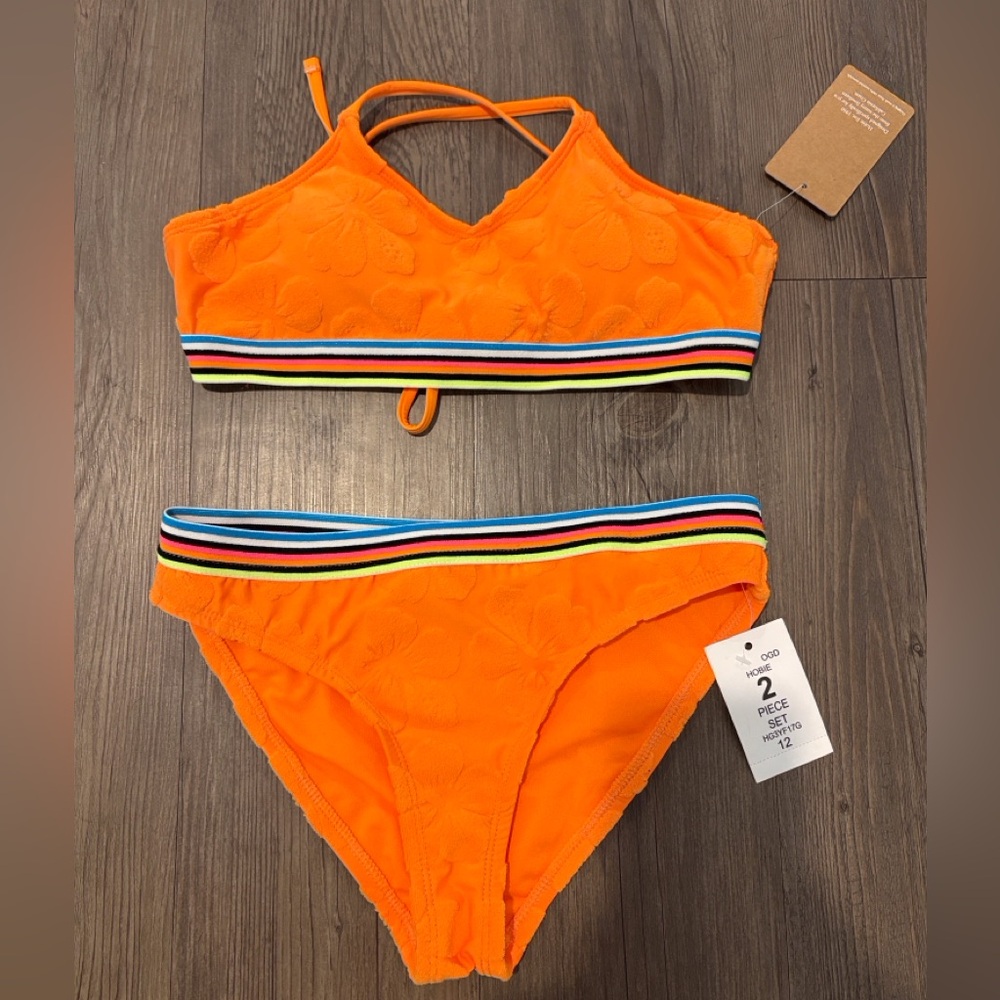 Hobie Girls Vibrant Orange Two-Piece Bikini with Rainbow Trim Size 12 NWT
